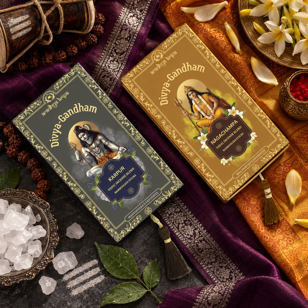 Two boxed sets of Divyagandham Vedic incense sticks featuring Karpur (Camphor) for Lord Shiva puja and Naga Champa for Devi (Maa Parvati) worship, displayed with decorative tassels.