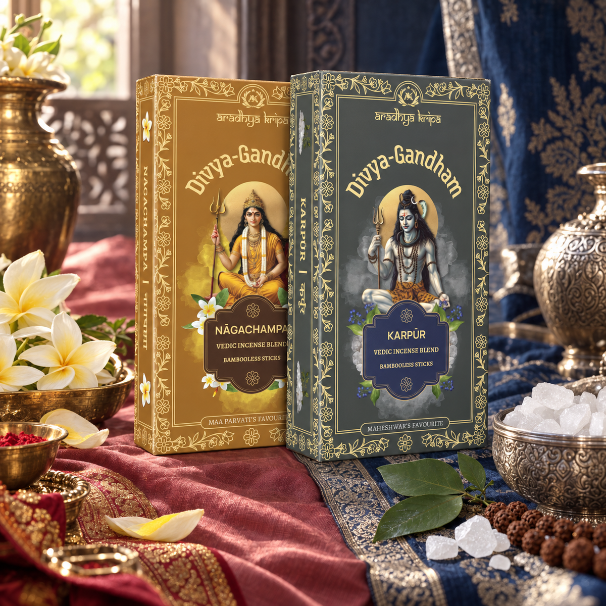 Two boxed sets of Divyagandham Vedic incense sticks featuring Karpur (Camphor) for Lord Shiva puja and Naga Champa for Devi (Maa Parvati) worship, displayed Standing.