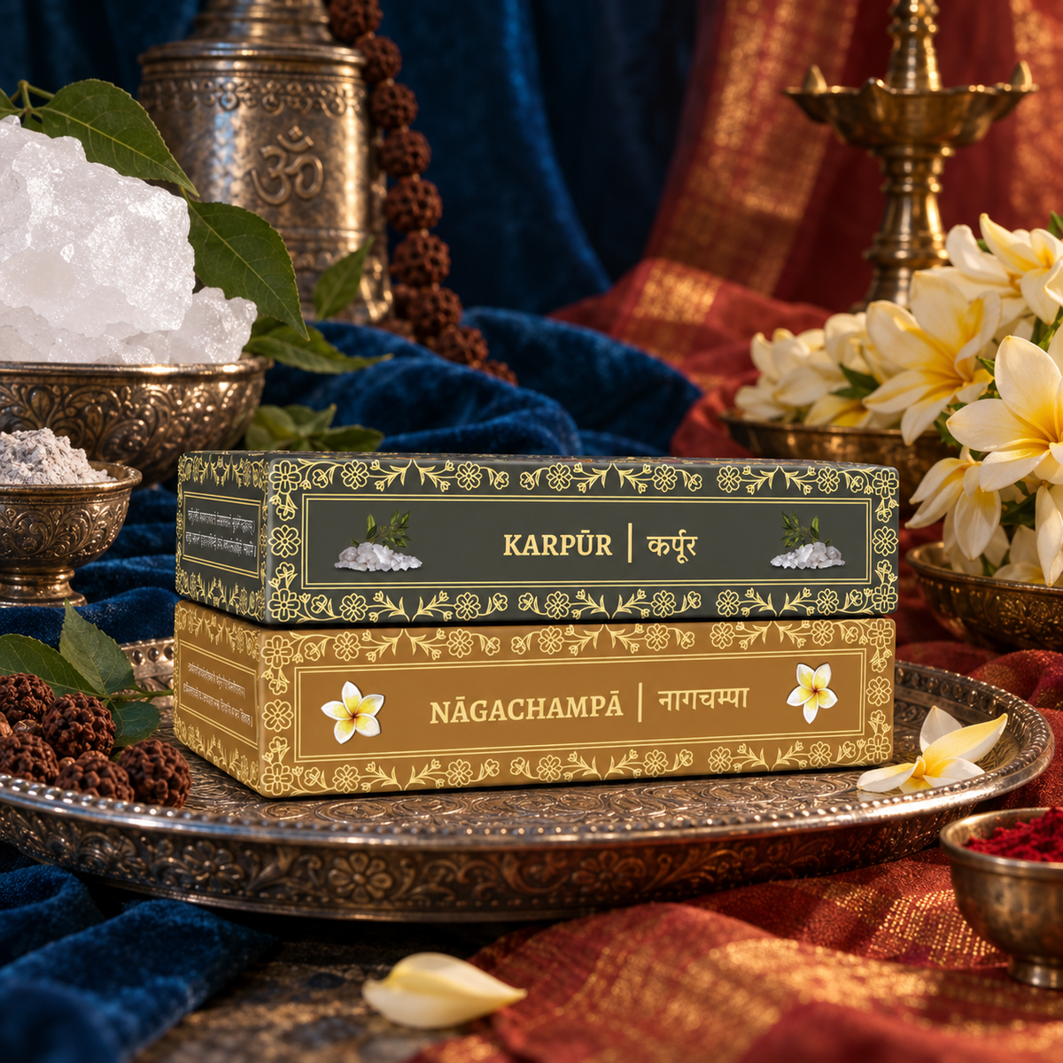 Two boxed sets of Divyagandham Vedic incense sticks featuring Karpur (Camphor) for Lord Shiva puja and Naga Champa for Devi (Maa Parvati) worship, surrounded by flowers, crystals, brass vessels, and draped red and blue fabric.
