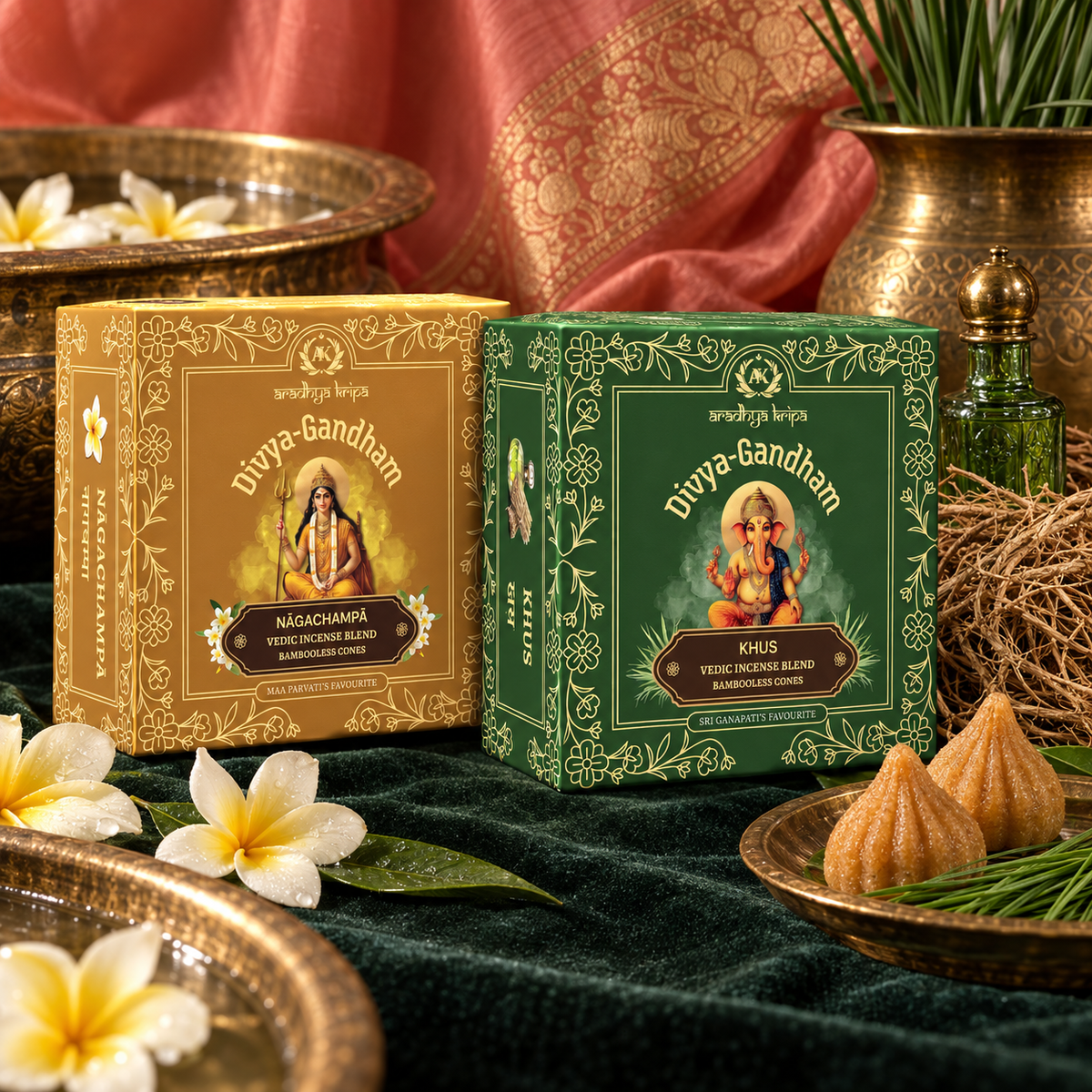 Two boxed sets of Divyagandham bambooless dhoop cones featuring Naga Champa for Maa Parvati (Devi) worship and Khus (Vetiver) for Lord Ganesha puja, displayed.