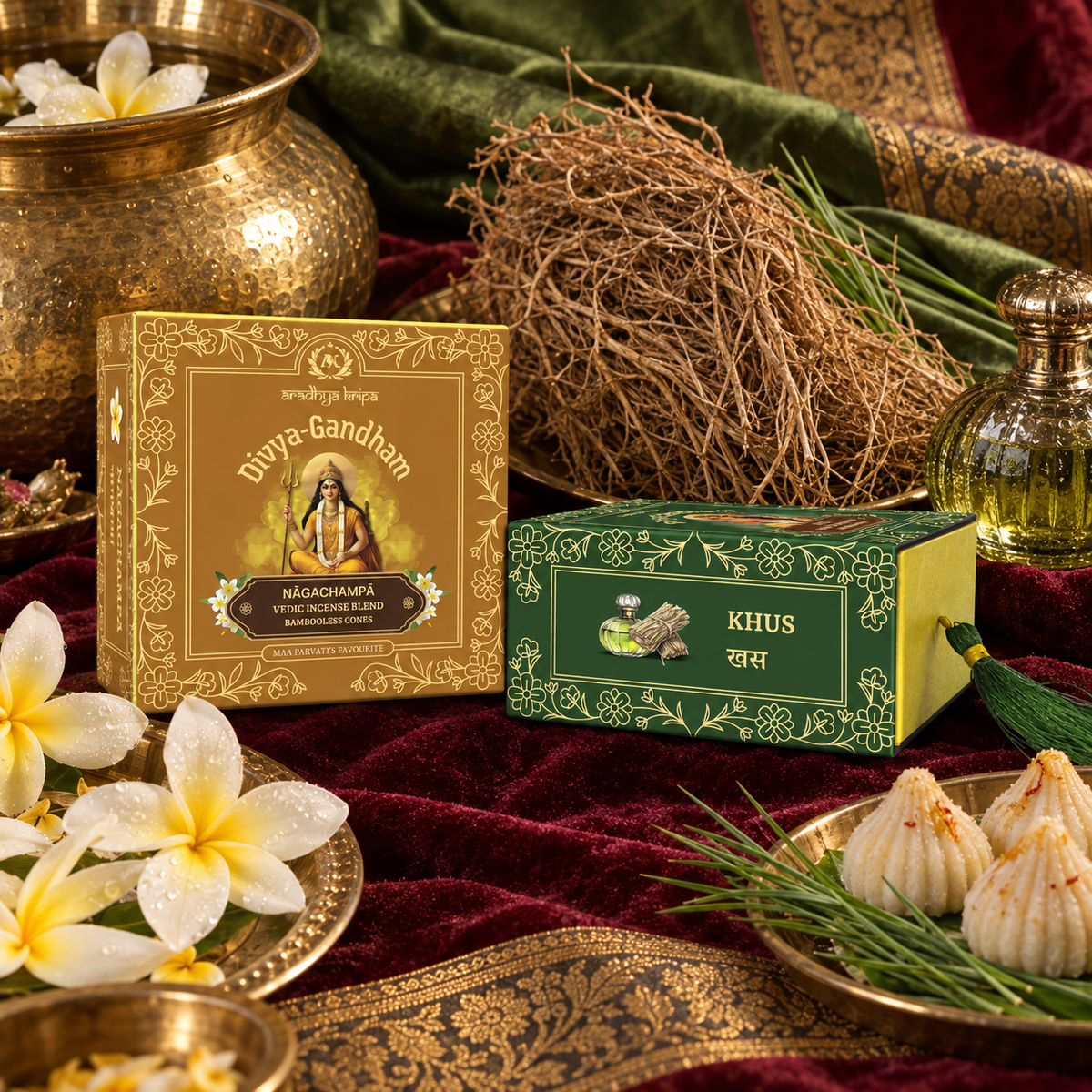 Two boxed sets of Divyagandham bambooless dhoop cones featuring Naga Champa for Maa Parvati (Devi) worship and Khus (Vetiver) for Lord Ganesha puja.