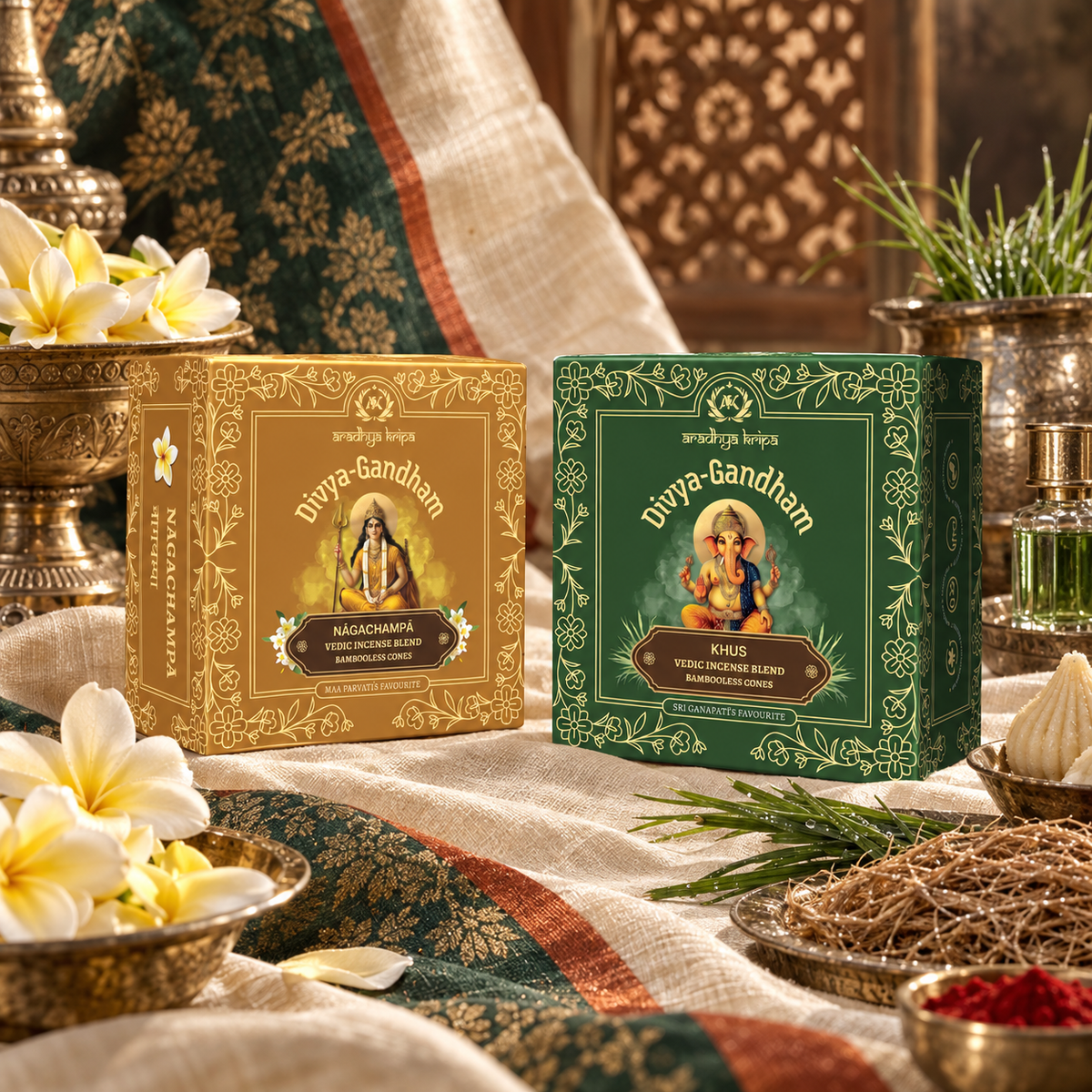 Two boxed sets of Divyagandham bambooless dhoop cones featuring Naga Champa for Maa Parvati (Devi) worship and Khus (Vetiver) for Lord Ganesha puja, displayed Standing.
