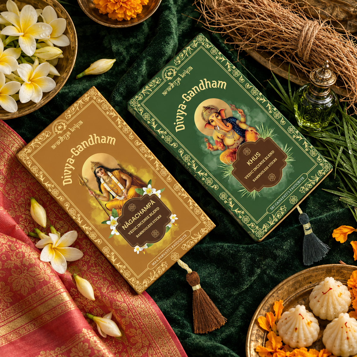 Two boxed sets of Divyagandham Vedic incense sticks featuring Naga Champa for Devi (Maa Parvati) worship and Khus (Vetiver) for Lord Ganesha puja and aura cleansing, displayed with decorative tassels.