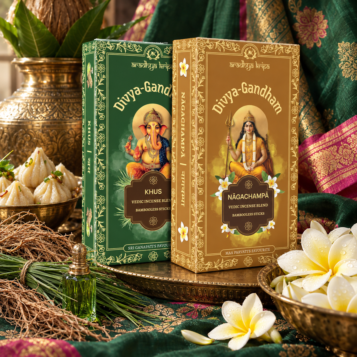Two boxed sets of Divyagandham Vedic incense sticks featuring Naga Champa for Devi (Maa Parvati) worship and Khus (Vetiver) for Lord Ganesha puja and aura cleansing, displayed Standing.