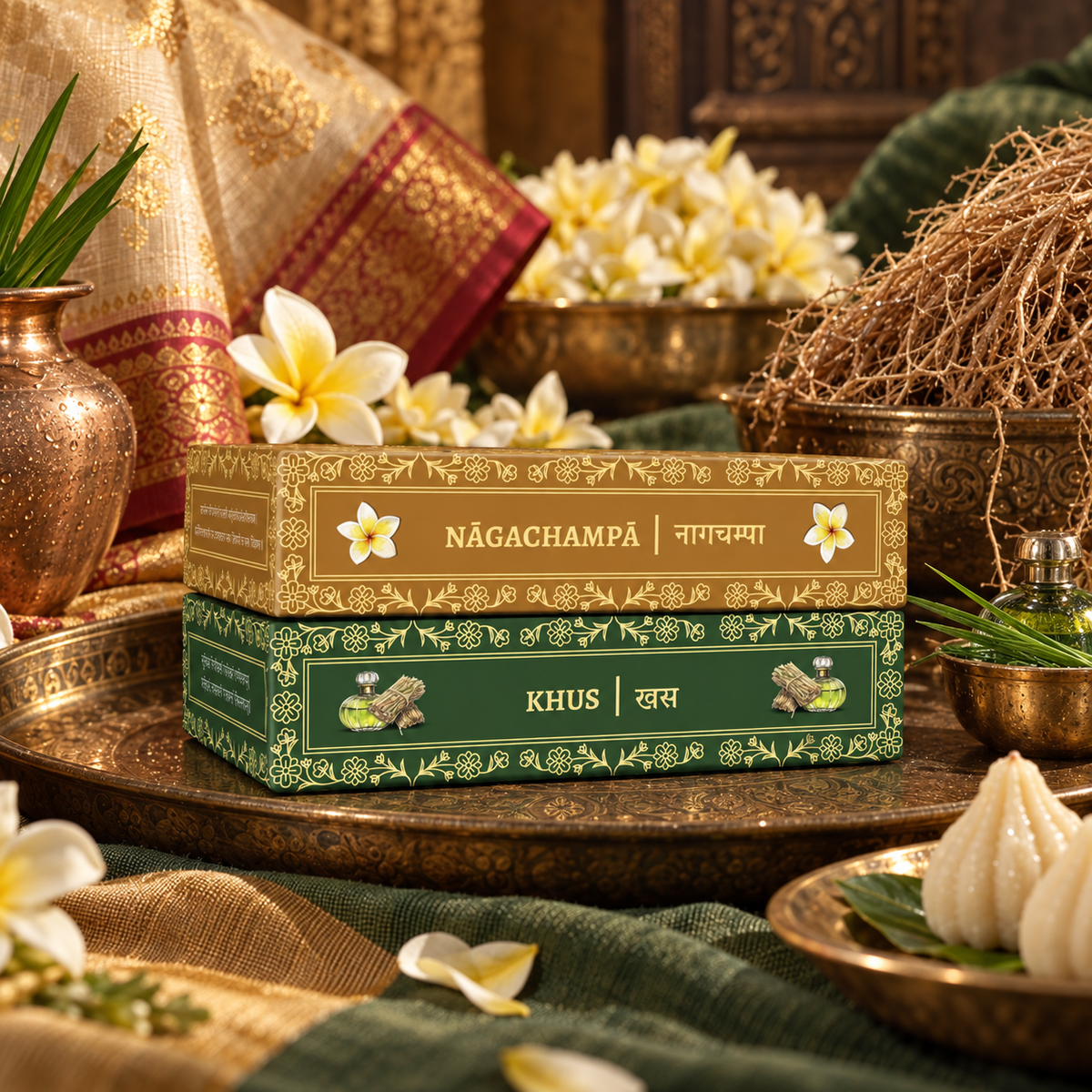 Two boxed sets of Divyagandham Vedic incense sticks featuring Naga Champa for Devi (Maa Parvati) worship and Khus (Vetiver) for Lord Ganesha puja and aura cleansing.