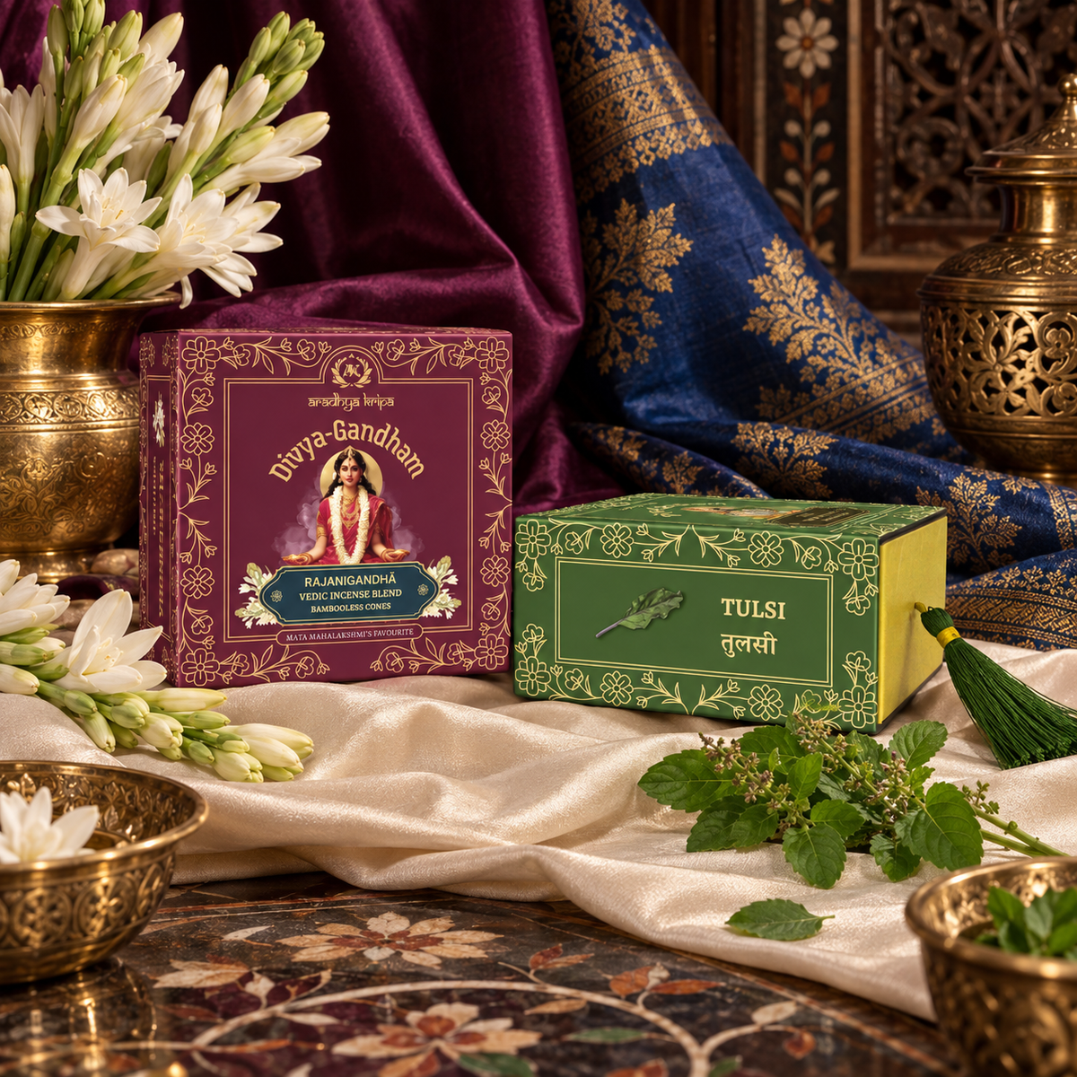 Two boxed sets of Divyagandham bambooless dhoop cones featuring Rajanigandha for Devi worship and Tulsi (Holy Basil) for Lord Vishnu puja.
