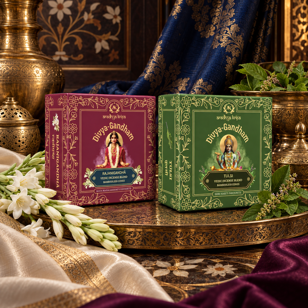 Two boxed sets of Divyagandham bambooless dhoop cones featuring Rajanigandha for Devi worship and Tulsi (Holy Basil) for Lord Vishnu puja, displayed Standing.