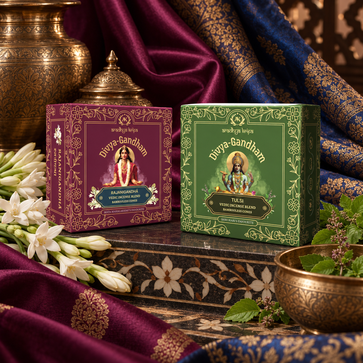 Two boxed sets of Divyagandham bambooless dhoop cones featuring Rajanigandha for Devi worship and Tulsi (Holy Basil) for Lord Vishnu puja, displayed.