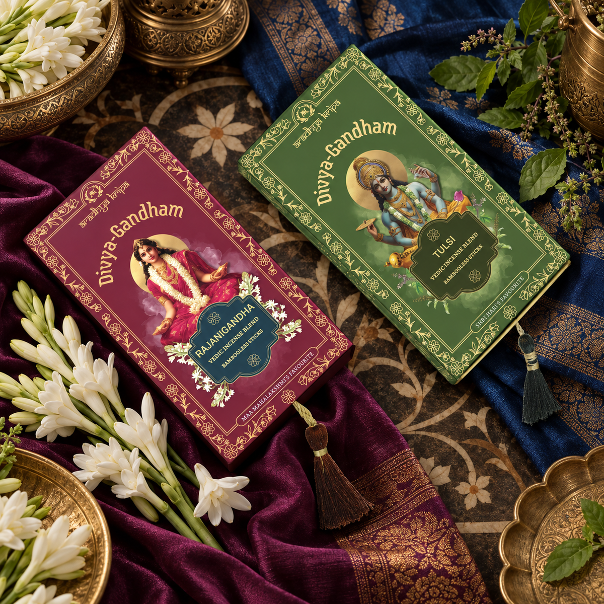 Two boxed sets of Divyagandham Vedic incense sticks featuring Rajanigandha for Devi worship and Tulsi (Holy Basil) for Lord Vishnu puja, displayed with decorative tassels.