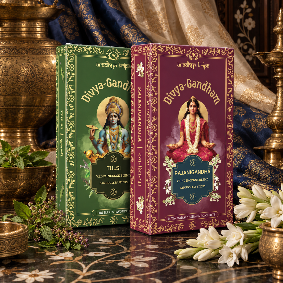 Two boxed sets of Divyagandham Vedic incense sticks featuring Rajanigandha for Devi worship and Tulsi (Holy Basil) for Lord Vishnu puja, displayed standing.