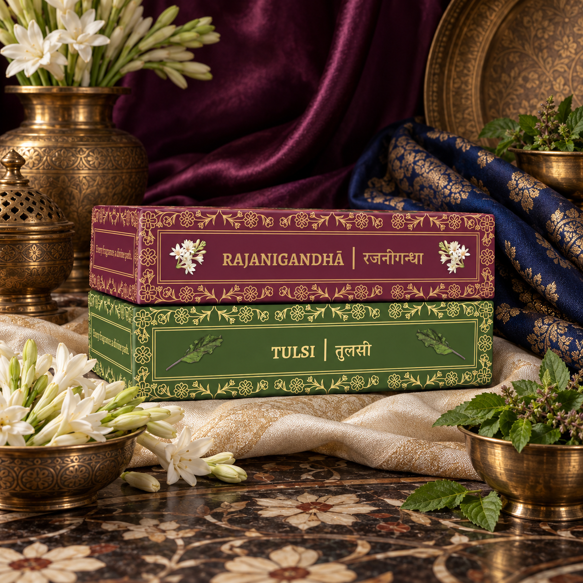 Two boxed sets of Divyagandham Vedic incense sticks featuring Rajanigandha for Devi worship and Tulsi (Holy Basil) for Lord Vishnu puja stacked on a patterned surface with white flowers, brass vessels, and draped purple and blue fabric in the background.