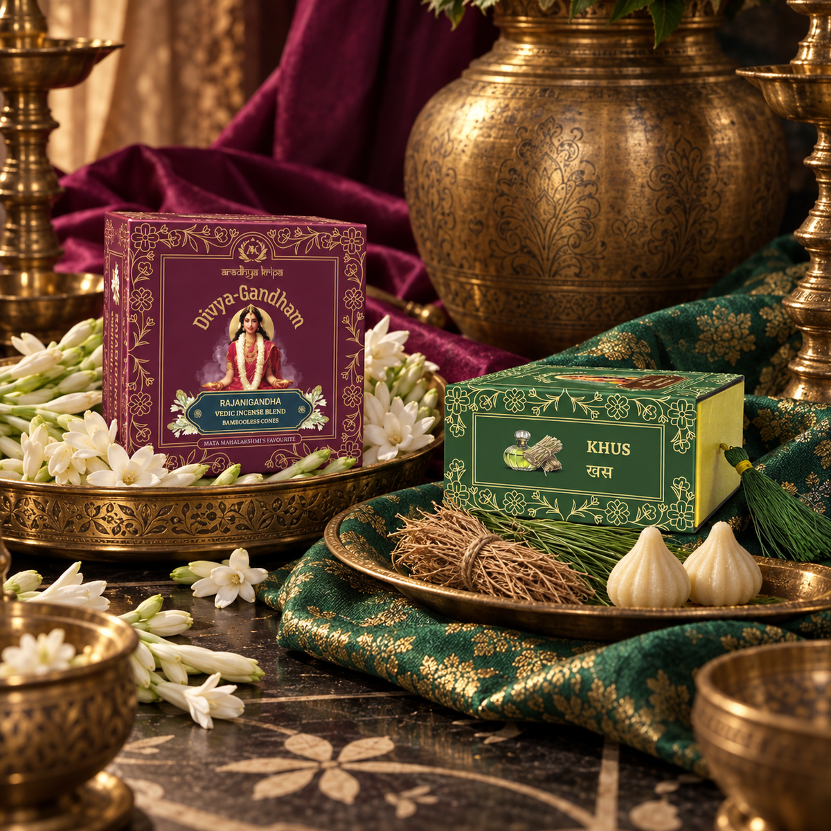Two boxed sets of Divyagandham bambooless dhoop cones featuring Rajnigandha for Mata Mahalakshmi worship and Khus (Vetiver) for Lord Ganesha puja.