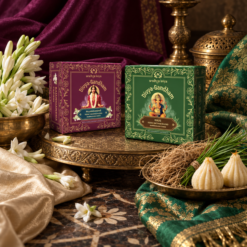 Two boxed sets of Divyagandham bambooless dhoop cones featuring Rajnigandha for Mata Mahalakshmi worship and Khus (Vetiver) for Lord Ganesha puja, displayed.