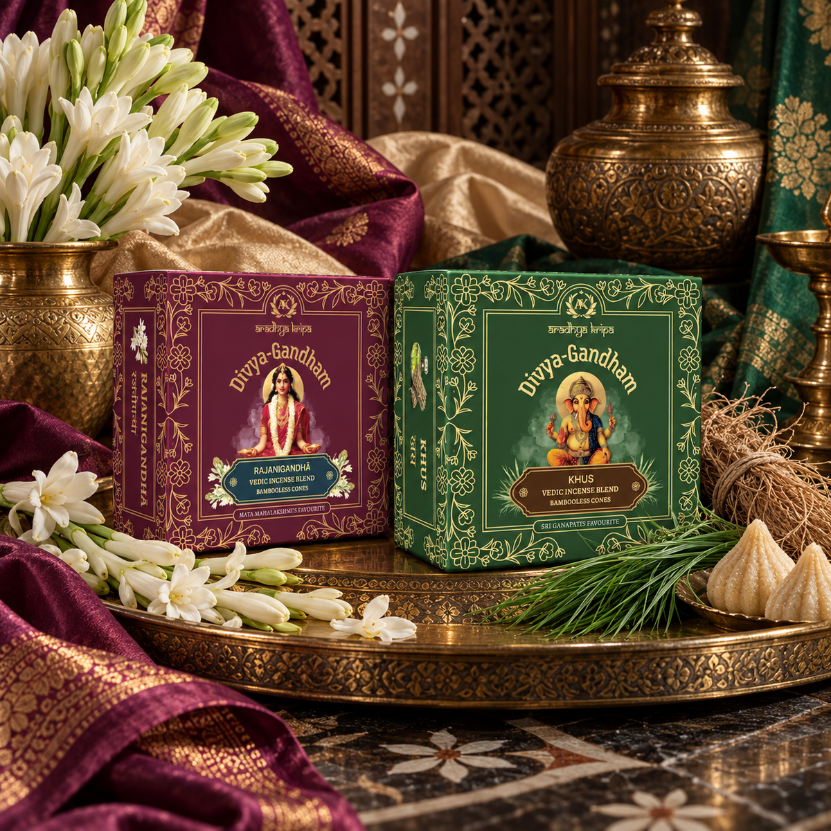 Two boxed sets of Divyagandham bambooless dhoop cones featuring Rajnigandha for Mata Mahalakshmi worship and Khus (Vetiver) for Lord Ganesha puja, displayed standing.