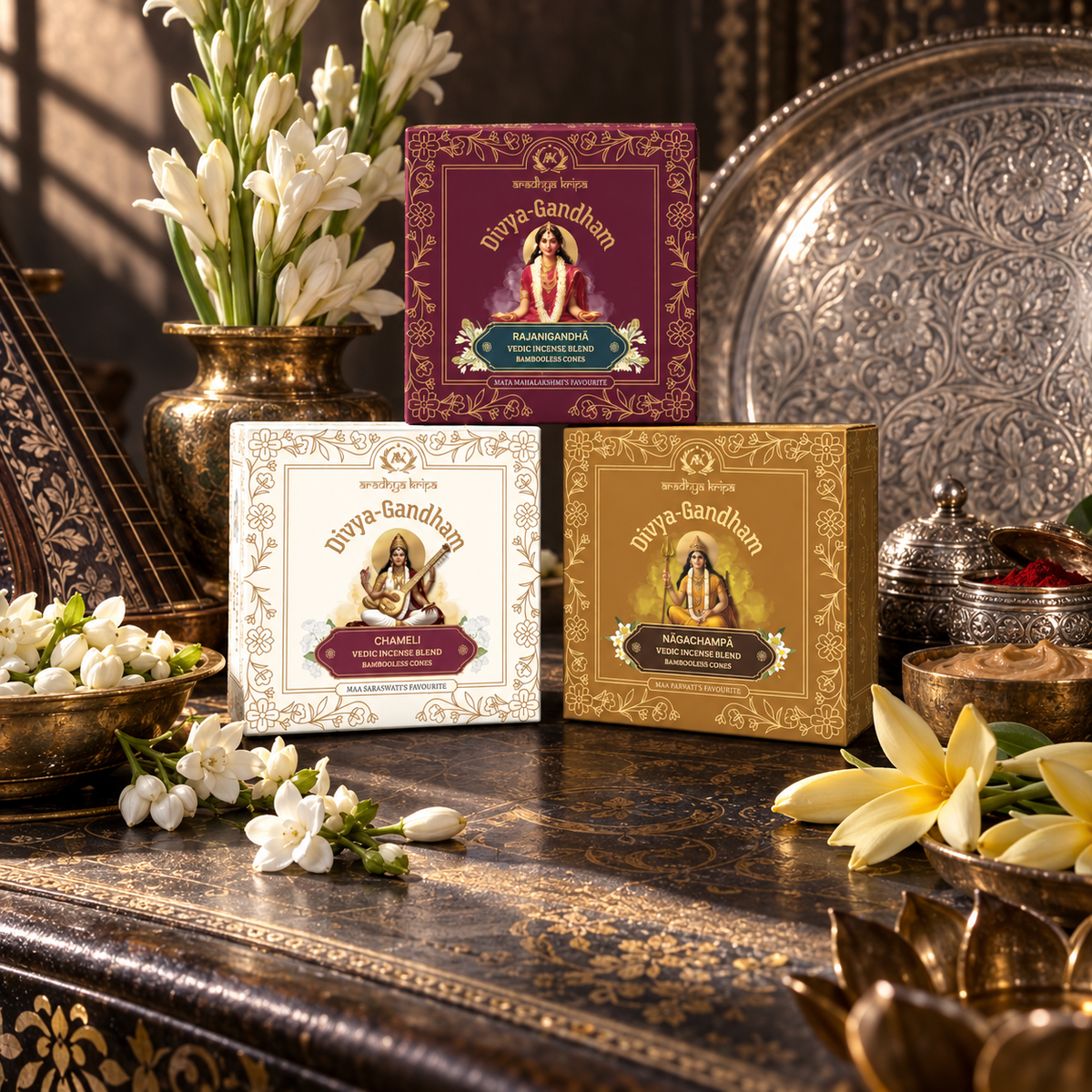 Three boxed sets of Divyagandham bambooless dhoop cones formulated for Devi worship, featuring Rajnigandha for Mata Mahalakshmi, Nagachampa for Maa Parvati, and Chameli arranged on a decorative wooden table with white flowers, brass vessels, and a large silver plate in a warm, ornate setting.
