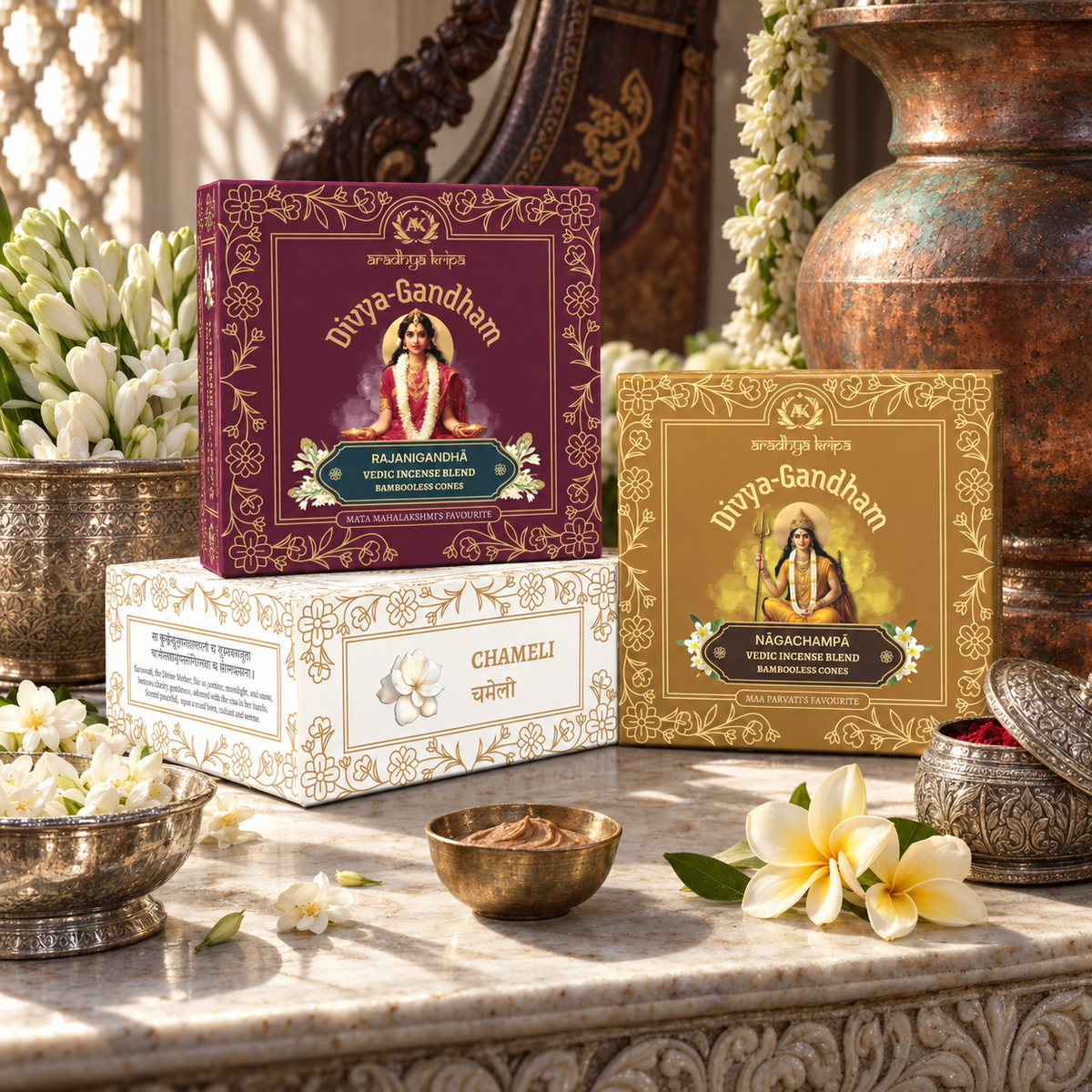 Three boxed sets of Divyagandham bambooless dhoop cones formulated for Devi worship, featuring Rajnigandha for Mata Mahalakshmi, Nagachampa for Maa Parvati, and Chameli, displayed.