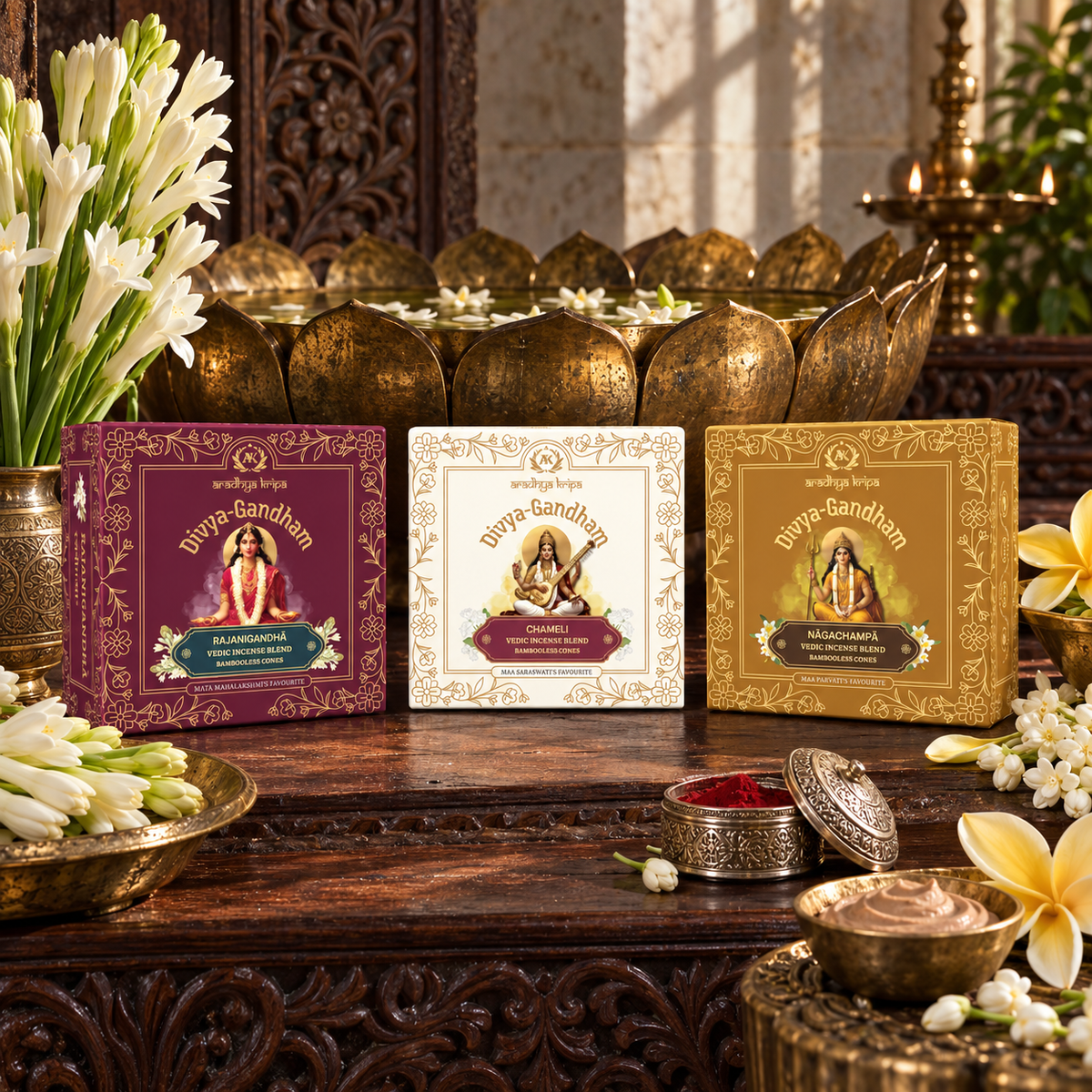 Three boxed sets of Divyagandham bambooless dhoop cones formulated for Devi worship, featuring Rajnigandha for Mata Mahalakshmi, Nagachampa for Maa Parvati, and Chameli arranged on a carved wooden table with brass lamps, flowers, and decorative props in a styled indoor setting.