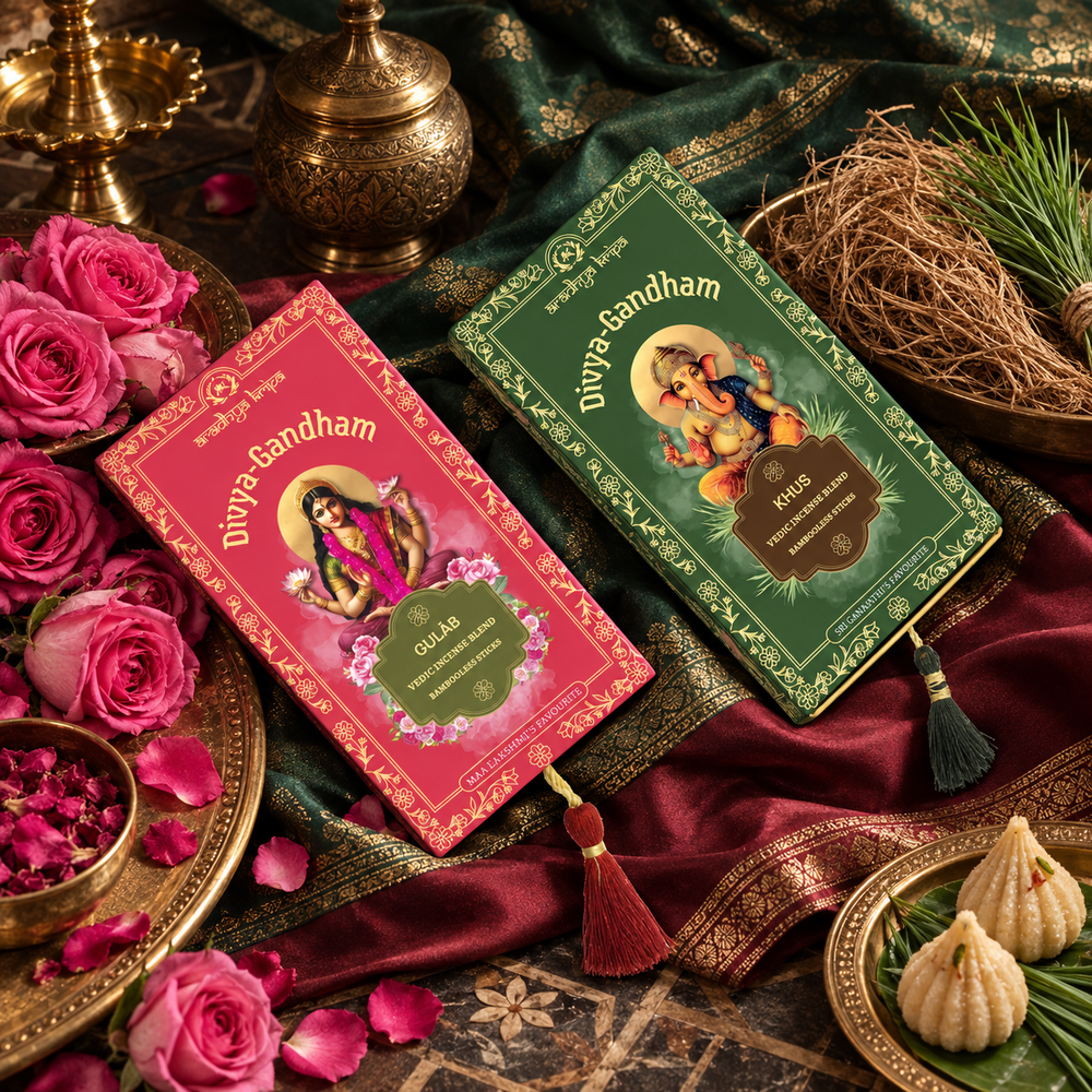 Two boxed sets of Divyagandham Vedic incense sticks featuring Gulab (Rose) for Devi worship and Khus (Vetiver) for aura cleansing, displayed with decorative tassels.