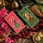 Two boxed sets of Divyagandham Vedic incense sticks featuring Gulab (Rose) for Devi worship and Khus (Vetiver) for aura cleansing, displayed with decorative tassels.