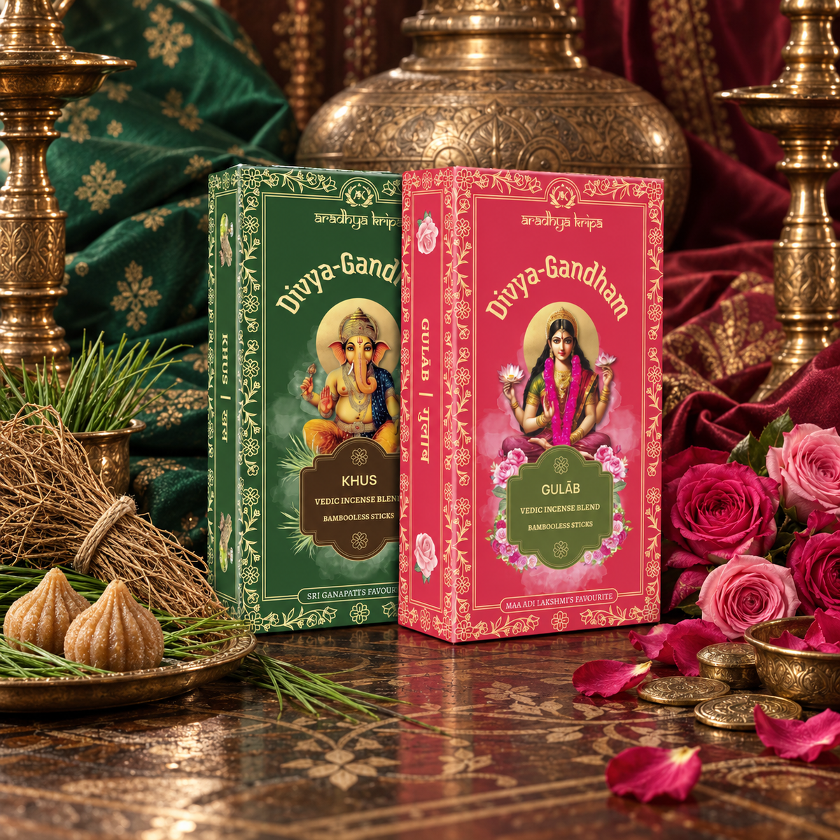 Two boxed sets of Divyagandham Vedic incense sticks featuring Gulab (Rose) for Devi worship and Khus (Vetiver) for aura cleansing, standing displayed surrounded by rose and khus (Vetiver)
