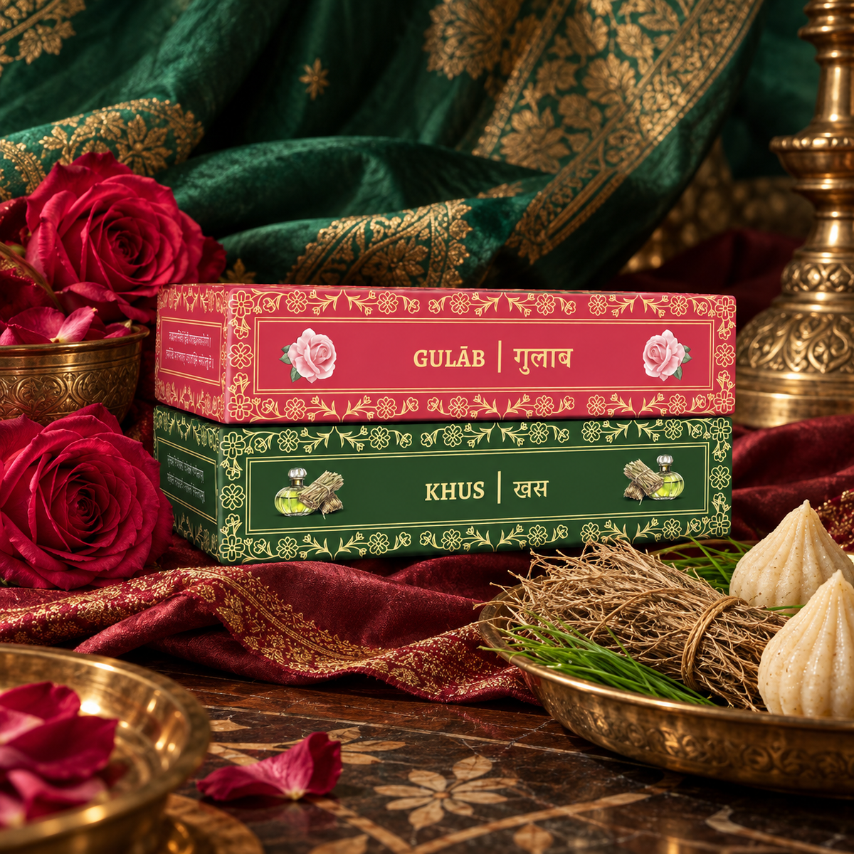 Two decorative product boxes stacked on a table, one red with pink floral border and the other green with gold border. The boxes are surrounded by roses, a brass lamp, and green fabric in a richly styled setting.