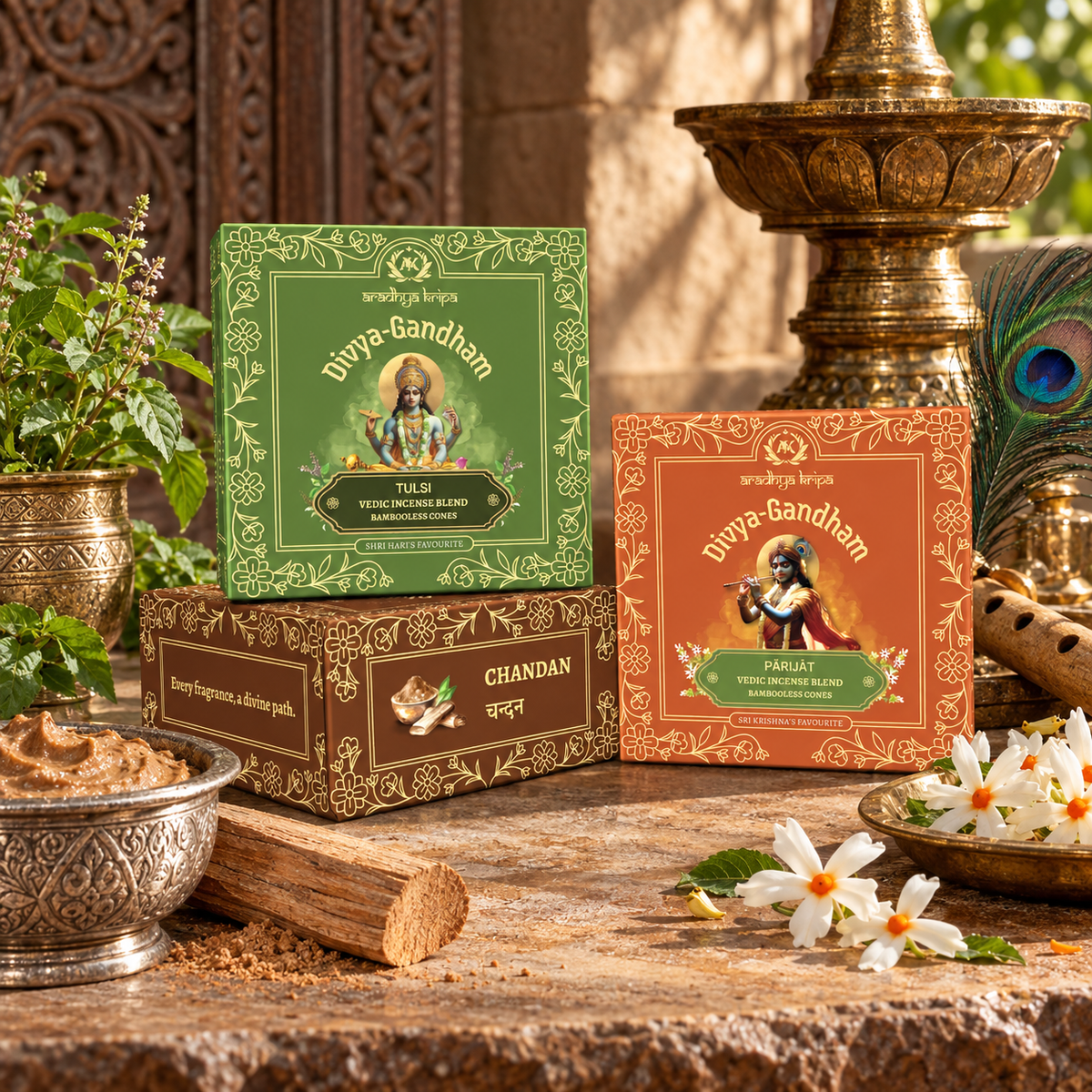 Three boxed sets of Divyagandham bambooless dhoop cones featuring Tulsi (Holy Basil) for Lord Vishnu puja, Kasturi (Musk) for Lord Gobind worship, and Parijat for Lord Krishna puja.