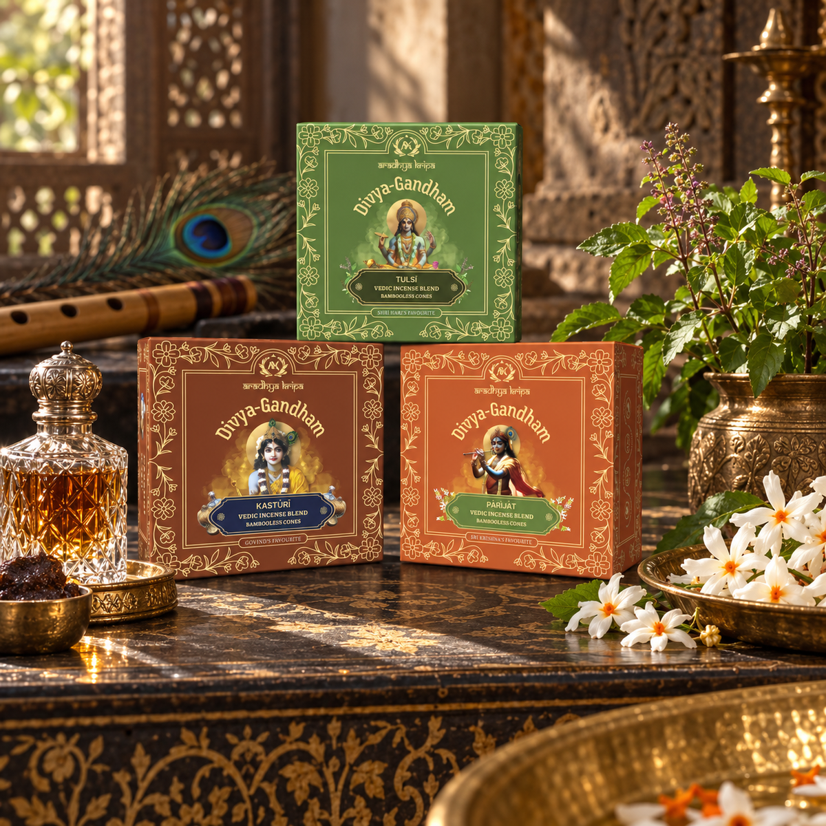 Three boxed sets of Divyagandham bambooless dhoop cones featuring Tulsi (Holy Basil) for Lord Vishnu puja, Kasturi (Musk) for Lord Gobind worship, and Parijat for Lord Krishna puja, displayed Standing.