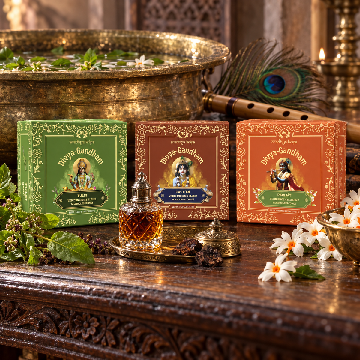 Three boxed sets of Divyagandham bambooless dhoop cones featuring Tulsi (Holy Basil) for Lord Vishnu puja, Kasturi (Musk) for Lord Gobind worship, and Parijat for Lord Krishna puja, displayed.