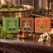 Three boxed sets of Divyagandham bambooless dhoop cones featuring Tulsi (Holy Basil) for Lord Vishnu puja, Kasturi (Musk) for Lord Gobind worship, and Parijat for Lord Krishna puja, displayed.