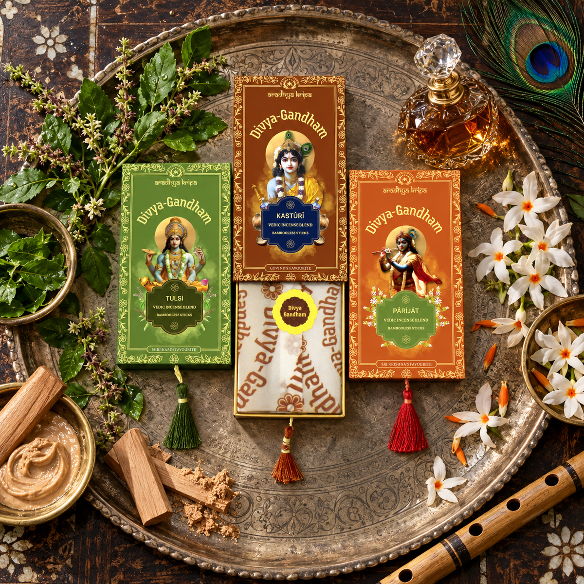 Three boxed sets of Divyagandham Vedic incense sticks featuring Parijat and Kasturi for Lord Krishna worship, and Tulsi (Holy Basil) for Lord Vishnu puja, displayed with decorative tassels.