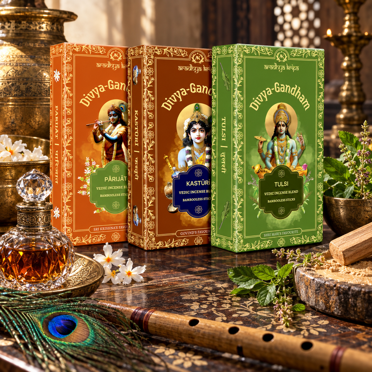 Three boxed sets of Divyagandham Vedic incense sticks featuring Parijat and Kasturi for Lord Krishna worship, and Tulsi (Holy Basil) for Lord Vishnu puja, displayed Standing.