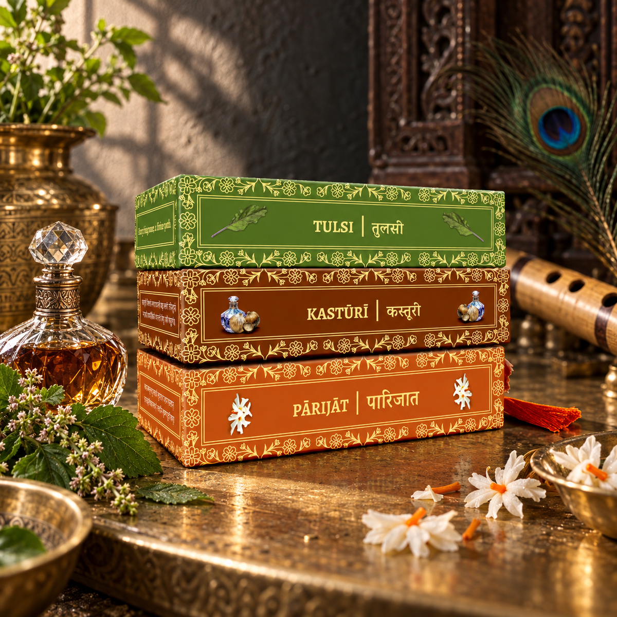 Three boxed sets of Divyagandham Vedic incense sticks featuring Parijat and Kasturi for Lord Krishna worship, and Tulsi (Holy Basil) for Lord Vishnu puja.